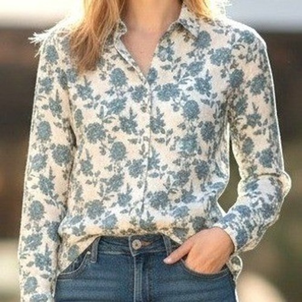 S 100% Linen Floral Button Down Shirt Blue White Cynthia Rowley Womens